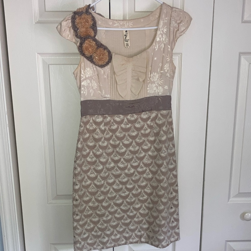 Anthropologie Dress: Floreat Cream Sheath Dress with Flutter Cap Sleeves
